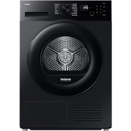 Samsung Series 5 9kg heat pump tumble dryer in black with Heatpump technology branding, featuring a large circular drum door, digital display showing 3:40, control panel with dials and buttons, and ventilation grilles on the lower front panel