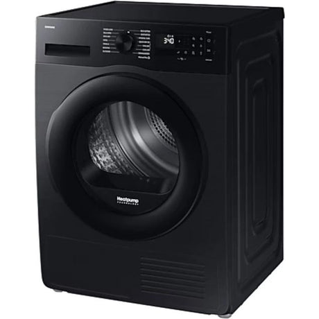 Samsung Series 5 9kg heat pump tumble dryer in black with digital display and drum visible through large circular door