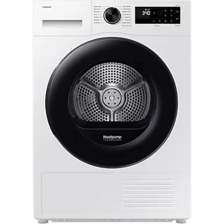 Samsung Series 5 9kg heat pump tumble dryer in white with black drum, digital display showing 3:40, rotary knob control, and ventilation grilles on front panel