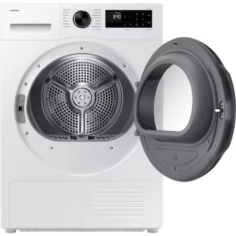Samsung Series 5 9kg heat pump tumble dryer in white with grey door open showing perforated drum and digital display panel