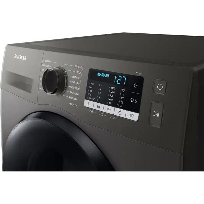 Samsung Series 5 Ecobubble 8kg washer 5kg dryer combo in graphite grey with digital display showing 12:27, control knob, and touch buttons on front panel