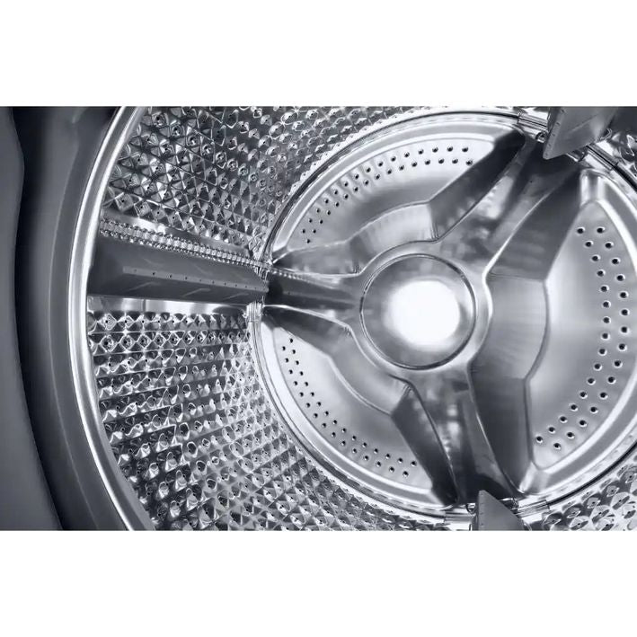 Close-up interior view of Samsung Series 5 Ecobubble washer dryer drum in graphite grey showing stainless steel perforated basket and central agitator with textured washing surface