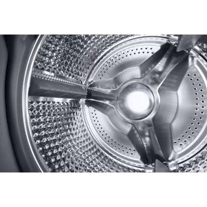 Close-up interior view of Samsung Series 5 Ecobubble washer dryer drum in graphite grey showing stainless steel perforated basket and central agitator with textured washing surface