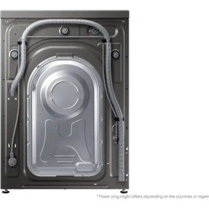 Front view of Samsung Series 5 Ecobubble graphite grey washer dryer combo showing open door with large circular drum and inlet hoses, 8kg wash 5kg dry capacity