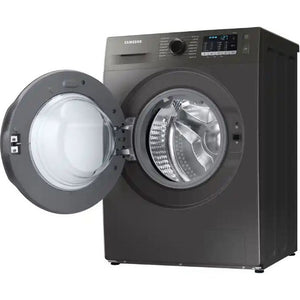 Samsung Series 5 Ecobubble washer dryer combo in graphite grey with open door showing drum, digital display and control panel