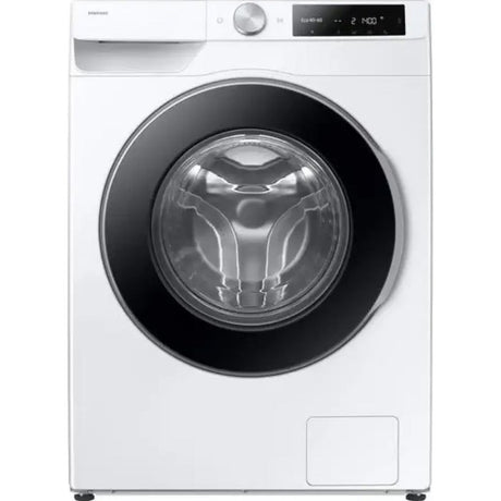 Samsung Series 6 white front-load washing machine with 9kg capacity, black circular door, digital display, and control dial on top panel