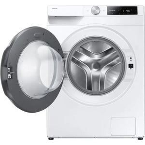 Samsung Series 6 white front-load washing machine with open grey door showing stainless steel drum, digital display panel and control knob, 9kg capacity model WW90DG6U85LEU1
