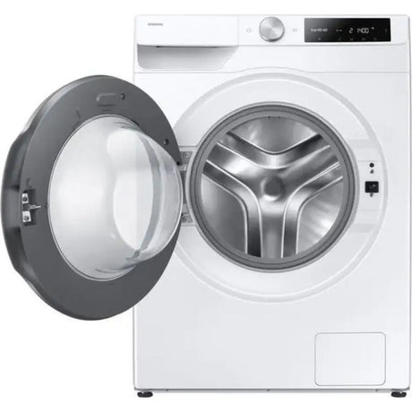 Samsung Series 6 white front-load washing machine with open grey door showing stainless steel drum, digital display panel and control knob, 9kg capacity model WW90DG6U85LEU1