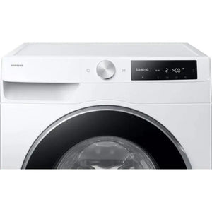 Samsung Series 6 white front-load washing machine with 9kg capacity, digital display showing Eco 40-60 cycle, metallic control dial and black trim around drum door