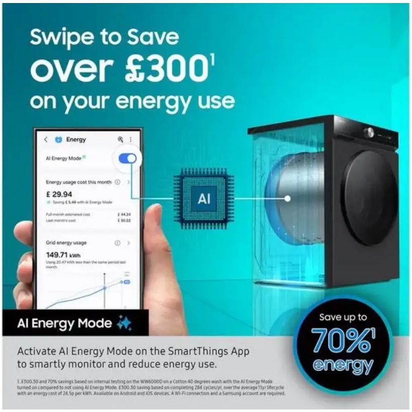 Samsung Series 6 9kg washing machine with AI Energy Mode promotion showing smartphone app interface displaying energy savings of over £300 and up to 70% energy reduction on turquoise background
