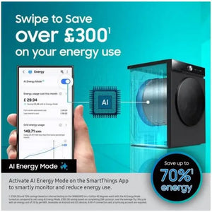 Samsung Series 6 9kg washing machine with AI Energy Mode promotion showing smartphone app interface displaying energy savings of over £300 and up to 70% energy reduction on turquoise background