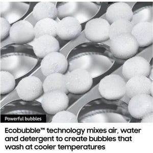 Close-up of white Ecobubble technology spheres in spoons showing powerful bubbles created by mixing air water and detergent for cooler temperature washing in Samsung washing machine