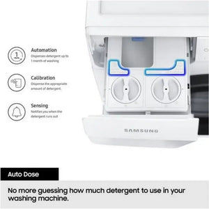 Samsung Series 6 white washing machine with open detergent dispenser drawer showing Auto Dose feature including automation calibration and sensing icons for intelligent detergent dispensing