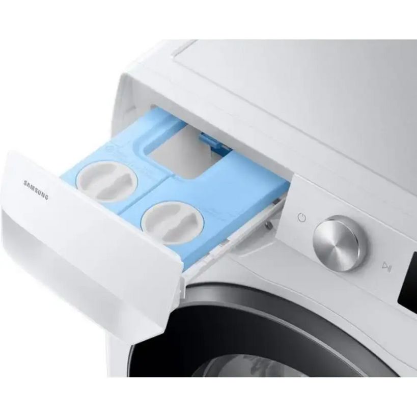 Samsung Series 6 white washing machine with open detergent dispenser drawer showing blue compartments and white caps, stainless steel control dial and power button visible on the right side