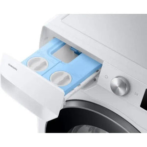 Samsung Series 6 white washing machine with open detergent dispenser drawer showing blue compartments and white caps, stainless steel control dial and power button visible on the right side