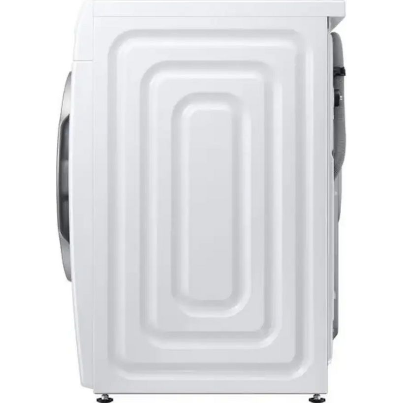 Front view of Samsung Series 6 white washing machine with rounded rectangular door design, grey handles on sides, and control panel at top, model WW90DG6U85LEU1