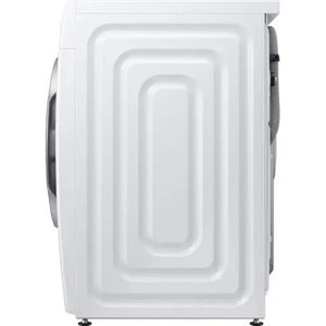 Front view of Samsung Series 6 white washing machine with rounded rectangular door design, grey handles on sides, and control panel at top, model WW90DG6U85LEU1
