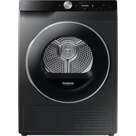 Samsung Series 6 AI Energy 9KG heat pump tumble dryer in black with circular drum door, silver trim, digital display showing Eco Cotton cycle, and metallic perforated drum visible through glass