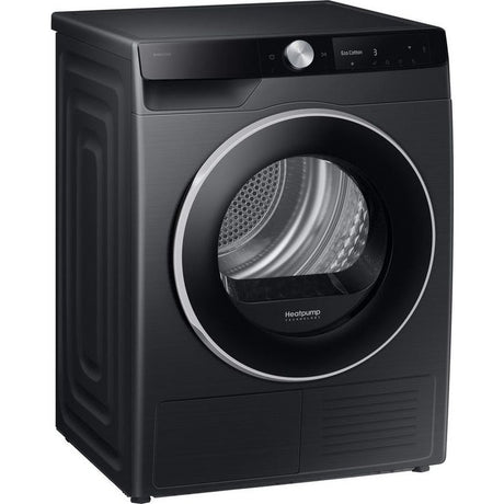 Samsung Series 6 AI Energy 9kg heat pump tumble dryer in black with silver trim, front-loading design, digital display panel and metallic drum visible through circular door