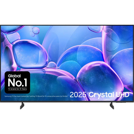 Samsung 55 inch Crystal UHD 4K smart TV displaying abstract blue and pink glowing spheres with Global No.1 TV brand badge and 2025 model branding on black bezel frame