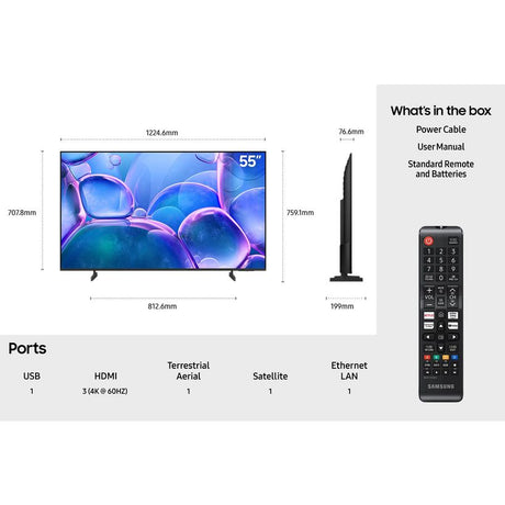 Samsung 55 inch U7000F Crystal 4K UHD HDR Smart TV with dimensions and ports shown, including HDMI, USB, terrestrial aerial, satellite and ethernet connections, with black remote control and accessories displayed against white background