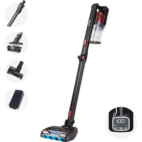 Shark Anti Hair Wrap cordless pet vacuum with black and red design, featuring LED display, dust cup, and accessories including crevice tool, brush head, motorized pet tool, and battery pack shown on white background