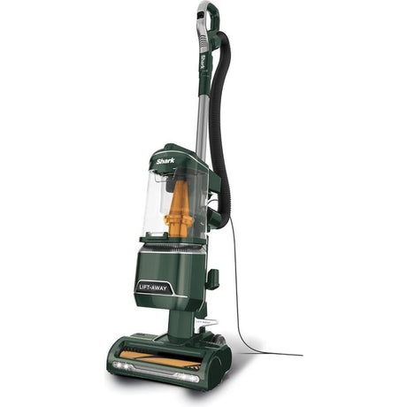 Shark Anti Hair Wrap upright vacuum cleaner in forest green and grey with lift-away canister, featuring orange accent details, LED headlights on base, and coiled power cord attached