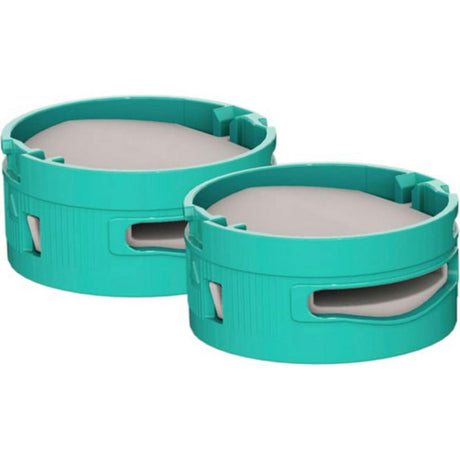 Two turquoise cylindrical Shark anti-odour replacement cartridges with grey filter inserts and rectangular ventilation slots, displayed against a white background