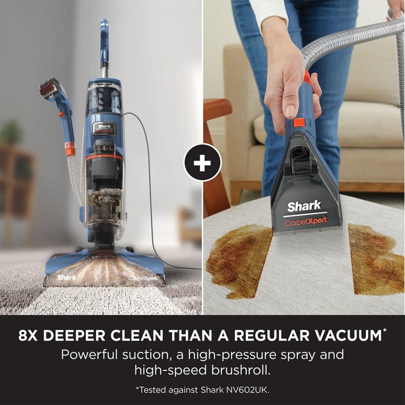Shark CarpetXpert deep carpet cleaner in navy and orange showing full machine on left and close-up of handheld cleaning head removing stain from carpet on right, demonstrating 8x deeper clean than regular vacuum with powerful suction spray and brushroll technology
