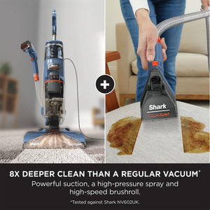 Shark CarpetXpert deep carpet cleaner in navy and orange showing full machine on left and close-up of handheld cleaning head removing stain from carpet on right, demonstrating 8x deeper clean than regular vacuum with powerful suction spray and brushroll technology