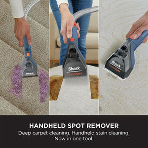Shark CarpetXpert handheld spot remover in navy and red being used to clean purple stain on grey carpet, brown stain on beige carpet, and white carpet, demonstrating deep carpet cleaning capability
