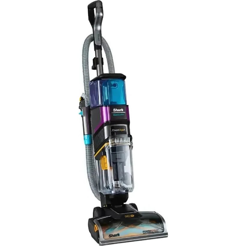 Shark CarpetXpert HairPro Pet Deep Carpet Cleaner machine in black, purple, blue and cyan with built-in StainStriker feature, upright design with hose attachment and transparent water tank