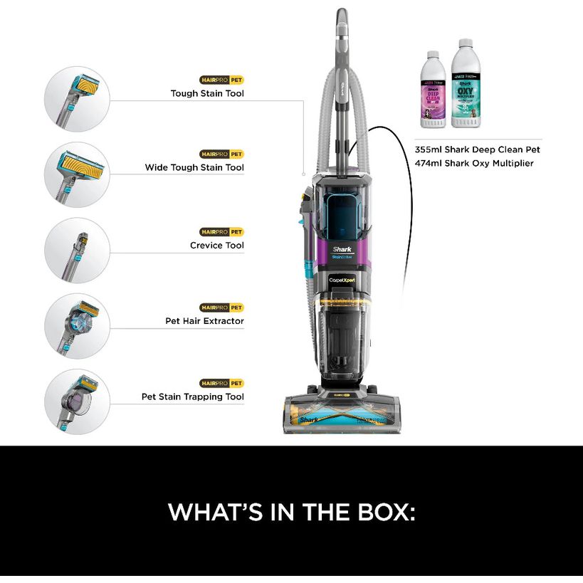 Shark CarpetXpert HairPro Pet Deep Carpet Cleaner EX300UK with accessories including tough stain tool, wide stain tool, crevice tool, pet hair extractor, and pet stain trapping tool, plus 355ml Deep Clean Pet solution and 474ml Oxy Multiplier bottles displayed on white background