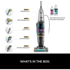 Shark CarpetXpert HairPro Pet Deep Carpet Cleaner EX300UK with accessories including tough stain tool, wide stain tool, crevice tool, pet hair extractor, and pet stain trapping tool, plus 355ml Deep Clean Pet solution and 474ml Oxy Multiplier bottles displayed on white background