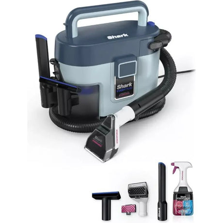 Shark EveryMess 3 in 1 Portable Spot Stain Cleaner in blue and grey with carrying handle, shown with detachable hose, handheld cleaning head, and included accessories including brush attachments and cleaning solution bottle