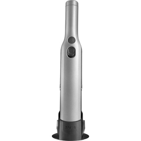 Shark WV200UK cordless handheld vacuum cleaner in grey and black with charging dock, featuring two control buttons on the silver cylindrical body and black base stand