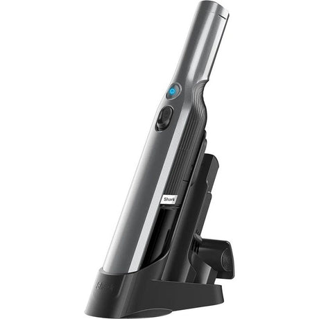 Shark WV200UK cordless handheld vacuum cleaner in grey and black with charging dock, featuring blue power button and ergonomic grip design