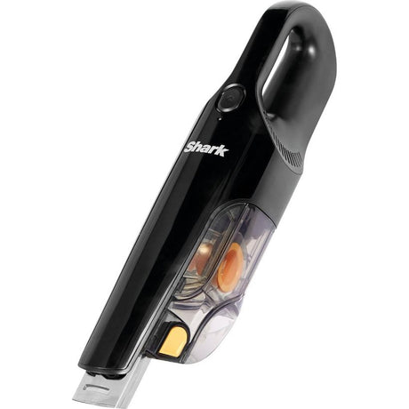 Shark CH950UKT black handheld vacuum cleaner with transparent dust collection chamber showing orange and yellow filters, angled view on white background