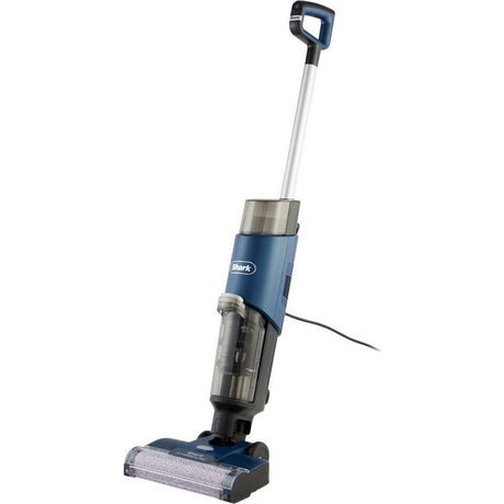 Shark HydroVac WD110UK corded hard floor cleaner with upright design, featuring a blue and black motorized base, transparent water tank, extended silver pole, and ergonomic blue handle grip