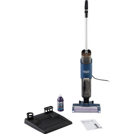 Shark HydroVac WD110UK corded upright hard floor cleaner in blue and black with silver pole, shown with cleaning solution bottle, drip tray, brush attachment and instruction manual
