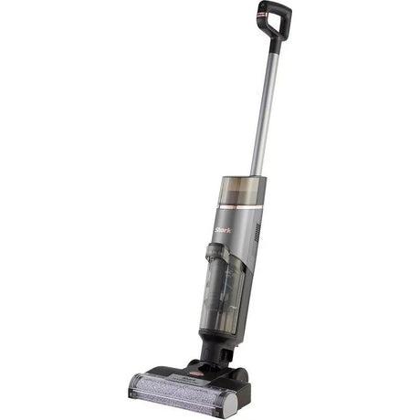 Shark HydroVac cordless vacuum cleaner in charcoal grey and silver with black handle, featuring a rectangular cleaning head and transparent dust collection chamber