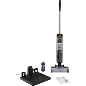 Shark HydroVac cordless vacuum cleaner and floor cleaner with silver and black design, featuring charging dock, cleaning solution bottle, microfiber pad attachment, and instruction manual displayed against white background