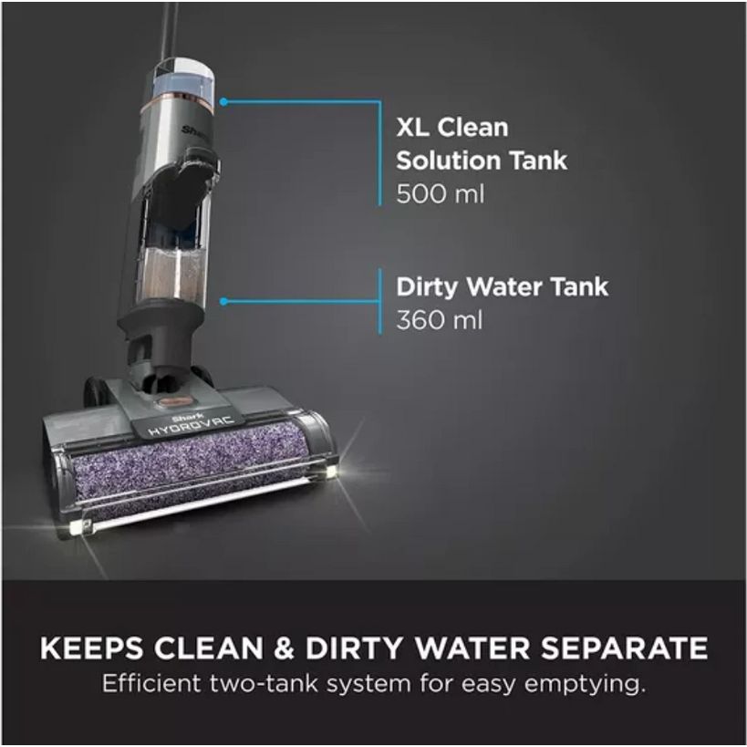 Shark HydroVac cordless floor cleaner with labeled XL clean solution tank 500ml and dirty water tank 360ml, showing purple cleaning pad and dual-tank system for separating clean and dirty water