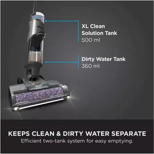 Shark HydroVac cordless floor cleaner with labeled XL clean solution tank 500ml and dirty water tank 360ml, showing purple cleaning pad and dual-tank system for separating clean and dirty water