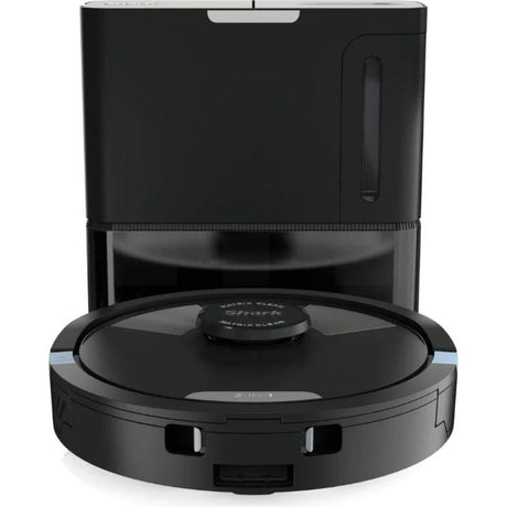 Shark Matrix Plus 2-in-1 self-emptying robot vacuum and mop with black circular base unit and elevated black docking station with water tank visible on top