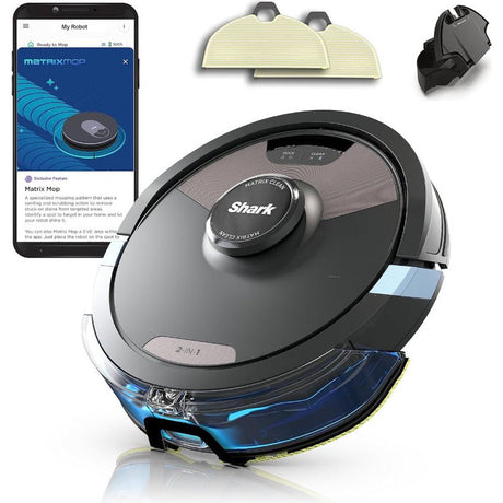 Shark Matrix Plus 2-in-1 robot vacuum and mop with black and white body, blue dustbin, shown with smartphone app display, two cream-colored mop pads, and black dustbin attachment on white background