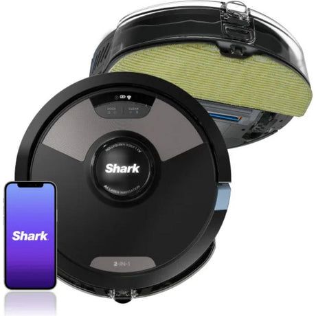 Shark Matrix Plus 2-in-1 robot vacuum with laser navigation in black, shown with green microfiber mop pad attachment and smartphone displaying Shark app for smart home control
