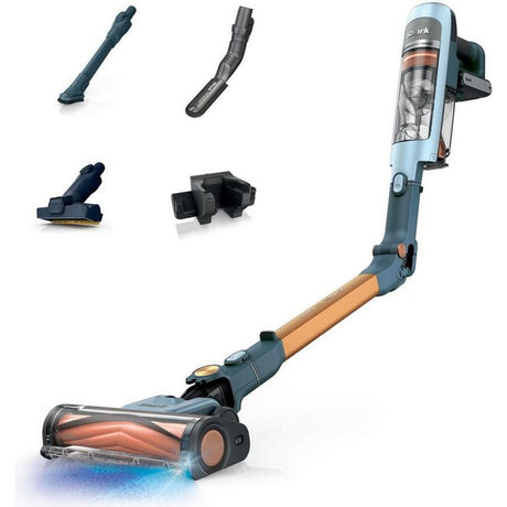 Shark Phoenix cordless vacuum cleaner in ice blue and camel with interchangeable attachments including crevice tool, angled brush, motorized floor head, and dust bin shown separately