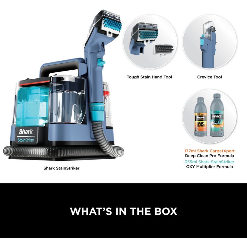 Shark StainStriker portable carpet cleaner in Nordic Blue with tough stain hand tool, crevice tool, and two bottles of cleaning formula displayed with product contents overview