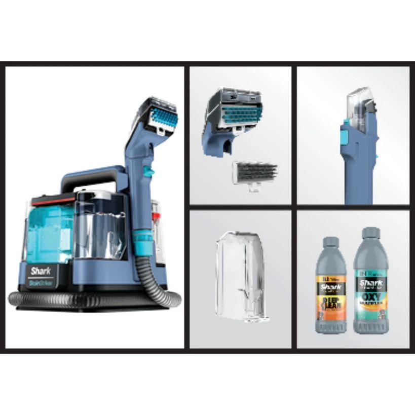 Shark Portable StainStriker spot cleaner in Nordic Blue showing main unit with turquoise accents, detachable cleaning heads, water tank, brush attachment, and two bottles of cleaning solution